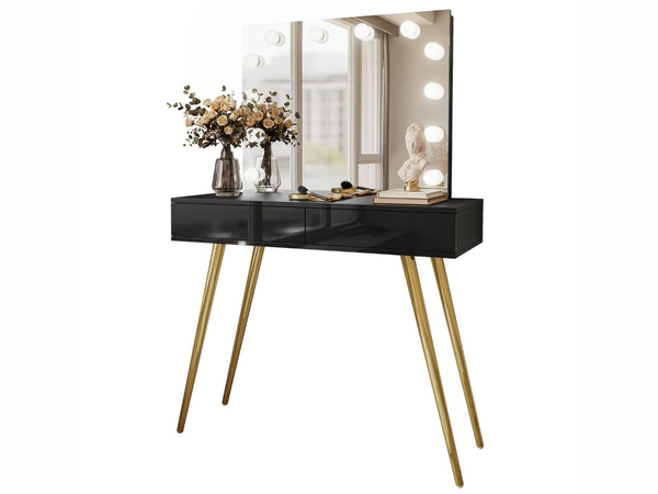 Schminktisch im Glamour-Stil mit Schubladen, Spiegel und LED-Beleuchtung Olivine Elite Schwarz Hochglanz
