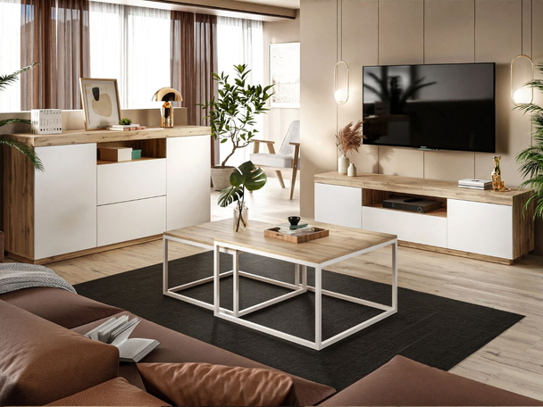 Wohnzimmer-Set im Loft-Stil Asumi Weiß und Eiche Wotan