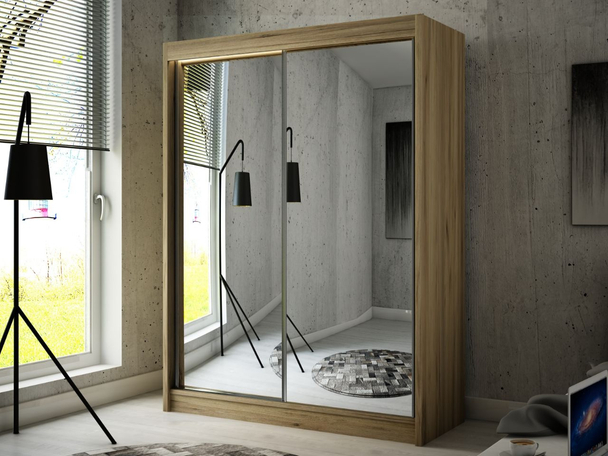Schiebetürenschrank 150 cm mit Spiegel und LED-Beleuchtung Luzio  Handwerk Goldene Eiche