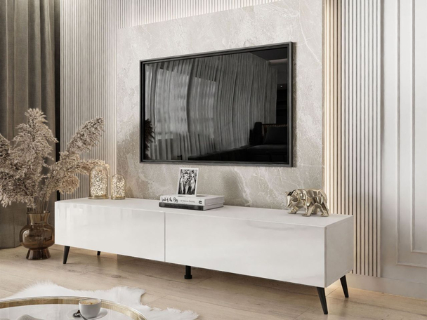 TV-Lowboard mit Türen auf Schwarzen Metallbeinen 175 cm mit LED-Beleuchtung Sorelle Weiß Hochglanz