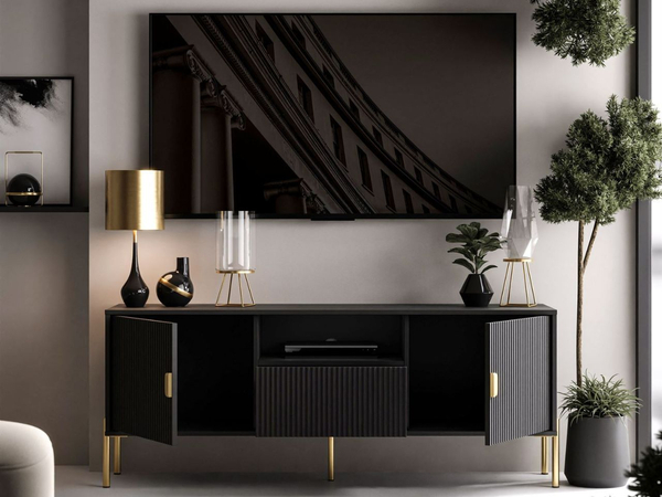 TV-Lowboard zweitürig mit Schublade und goldenen Metallfüßen Orlean Schwarz Matt