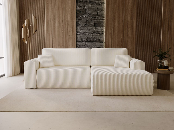 Ecksofa mit Schlaffunktion und Bettkasten Belvio rechts Creme
