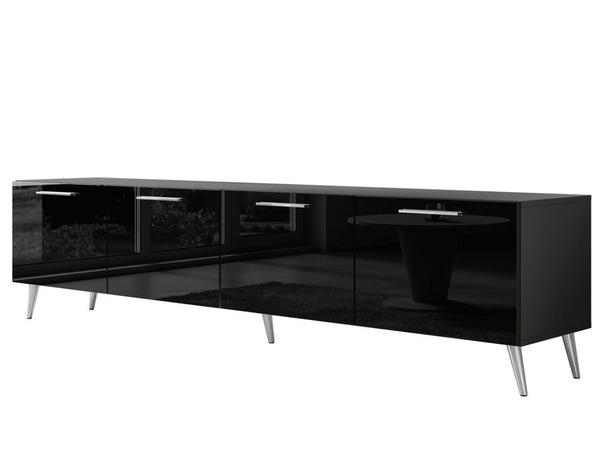 TV-Lowboard mit Türen und LED-Beleuchtung auf Silbernen Metallbeinen 200 cm Noaé Schwarz Hochglanz