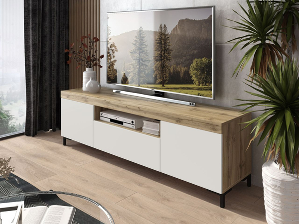 Wohnzimmer-Set – TV-Schrank und Kommode auf schwarzen Füßen Asumi Weiß und Eiche Wotan