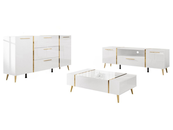 Wohnzimmer-Set mit goldenen Metallbeinen und goldenen Griffen Lunelie Weiß Hochglanz