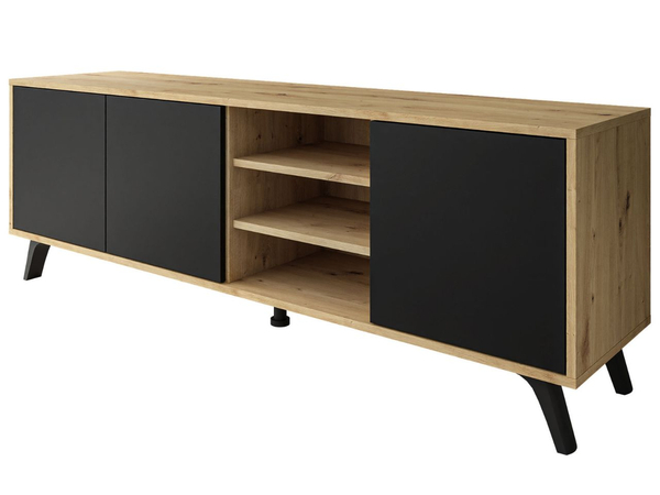 TV-Lowboard mit Türen und schwarzen Beinen Vivance Schwarz und Eiche Artisan