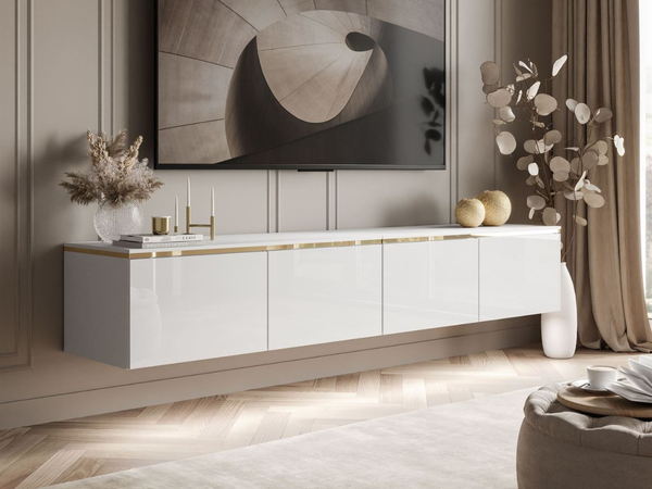 TV-Schrank zum Hängen im Glamour-Stil mit LED-Beleuchtung Celle Weiß Hochglanz