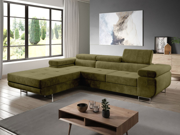 Ecksofa L-Form Links mit Schlaffunktion und Bettkasten Solam Dunkelgrün