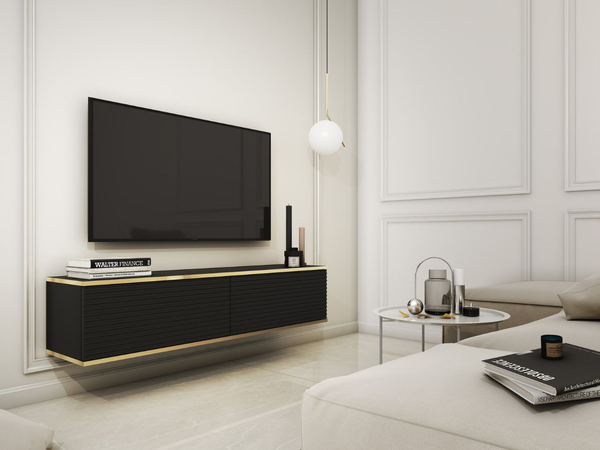 TV-Lowboard Hänge mit Türen 135 cm Diolo Schwarz mit geriffelter Vorderseite