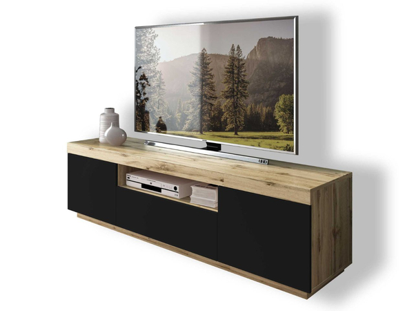 TV-Lowboard Asumi mit Türen und Schublade – Schwarz matt und Eiche Wotan