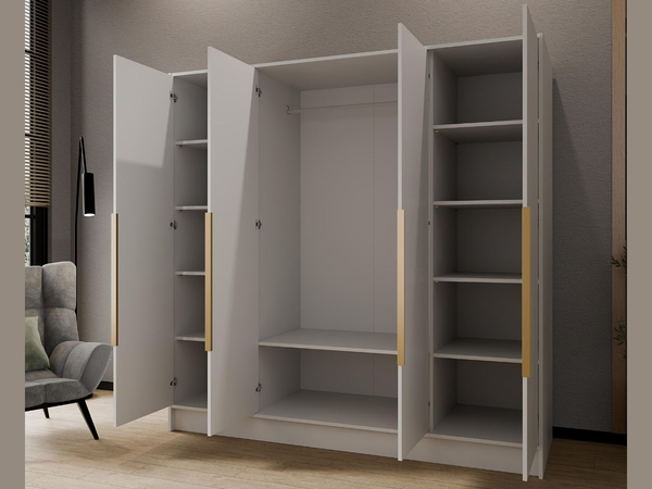 Kleiderschrank mit Spiegel 200 cm Lucca Weiß mit goldenen Griffen