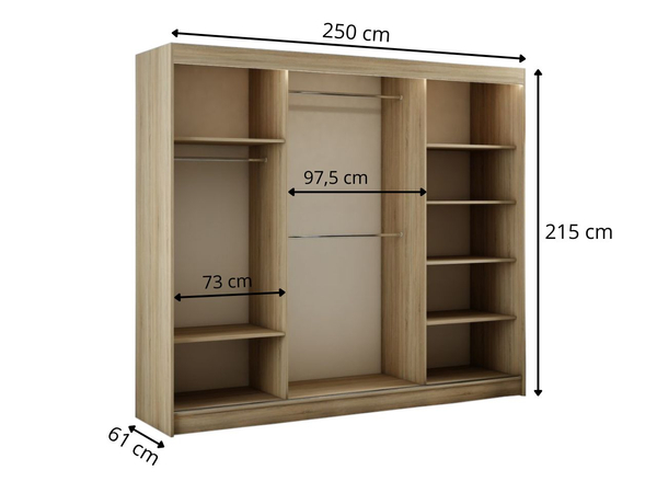 Schiebetürenschrank mit Spiegel 250 cm mit LED-Beleuchtung Portel Eiche Sonoma