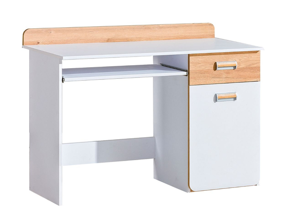 Schreibtisch 120 cm mit ausziehbarem Regal und Schublade, für einen Teenager Lindo Weiß, Nash Eiche