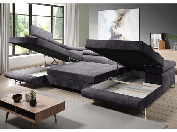 Wohnlandschaft Links mit Schlaffunktion und Bettkasten Solam U Marineblau, Weiß