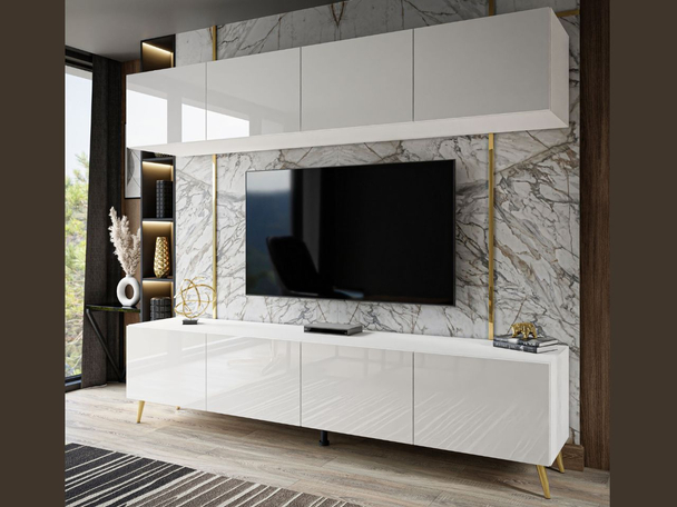 Wohnwand für das Wohnzimmer auf Goldenen Metallbeinen Noaé Weiß Hochglanz
