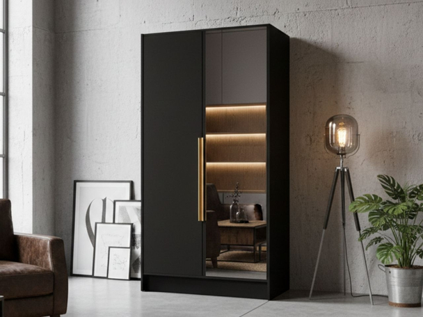 Kleiderschrank mit Spiegel 100 cm Lucca Schwarz mit goldenen Griffen