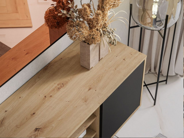 TV-Lowboard mit Türen auf schwarzem Gestell Vivance Schwarz und Artisan Eiche