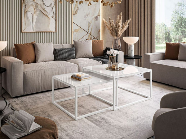 Couchtisch auf weißem Gestell mit Glasplatte Asumi Weiß 39x45