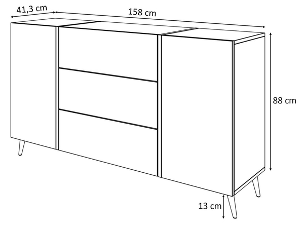 Zweitürige Kommode 158 cm mit drei Schubladen und goldenen Griffen Lunelie Weißglanz