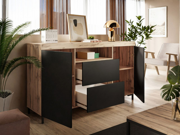 Wohnzimmer-Set – TV-Schrank und Kommode auf schwarzen Füßen Asumi Schwarz und Eiche Wotan