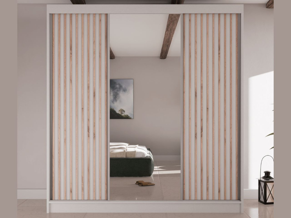 Schiebetürenschrank mit Lamellen und Spiegel 200 cm Lucena Weiß