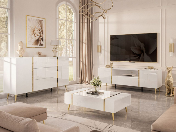 Wohnzimmer-Set mit goldenen Metallbeinen im Glamour-Stil Lunelie Weiß Hochglanz