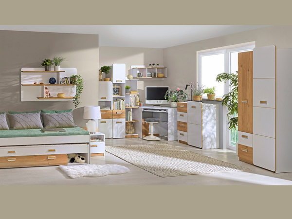 Bücherregal mit Schublade für ein Teenagerzimmer Lindo Weiß, Nash Eiche