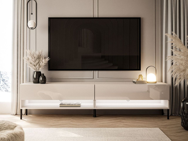 TV-Schrank für das Wohnzimmer 180 cm mit schwarzen Metallbeinen und LED-Beleuchtung Aurelie Kaschmir Hochglanz