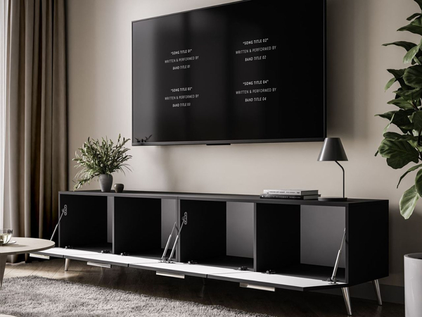 TV-Lowboard mit Türen auf Silbernen Metallbeinen 200 cm Noaé Schwarz Hochglanz