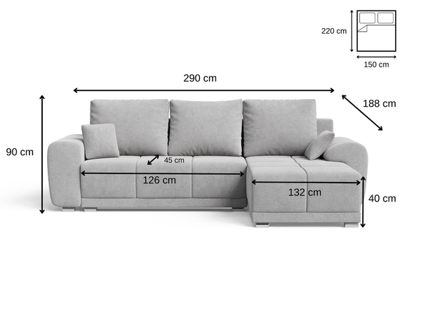 Ecksofa L-Form mit Schlaffunktion und Bettkasten Monti Links Grau