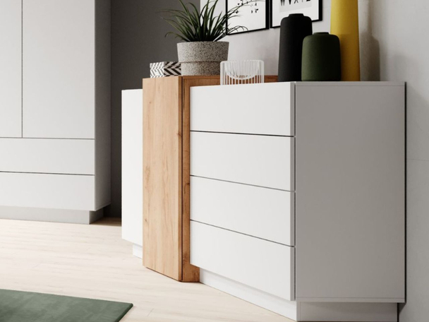 Kommode mit Türen und Schubladen Morten Weiß, Goldene Craft Eiche
