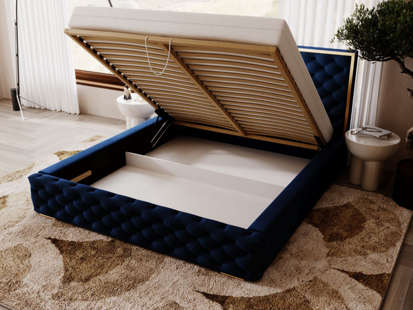 Polsterbett mit Bettkasten und Lattenrost 200x200 Wave Dunkelblau