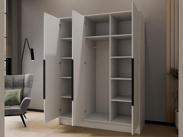 Kleiderschrank 150 cm Perugia Weiß mit schwarzen Griffen