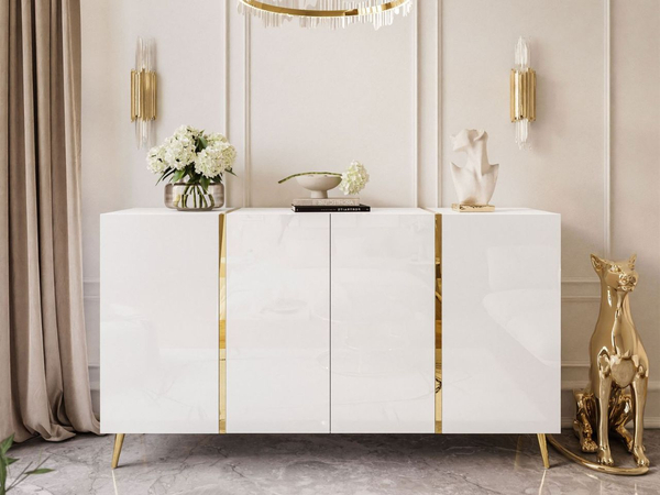 Viertürige Kommode 158 cm Glamour-Stil auf goldfarbenen Metallbeinen Lunelie Weißglanz