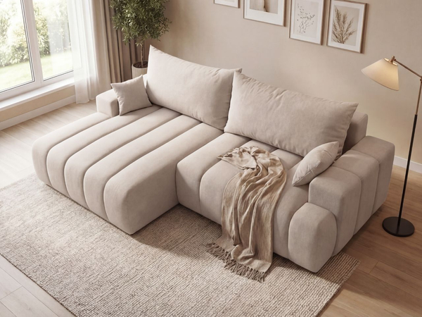 Ecksofa L-Form Links mit Schlaffunktion und Bettkasten Caleo Beige