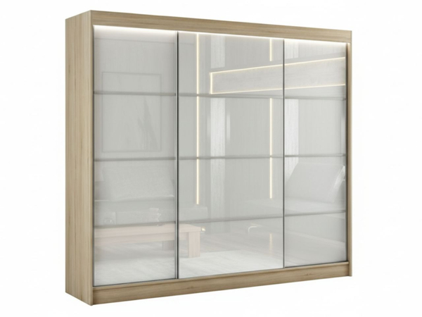 Schiebetürenschrank mit Sprossen 250 cm mit LED-Beleuchtung Ponti Eiche Sonoma, Weiß