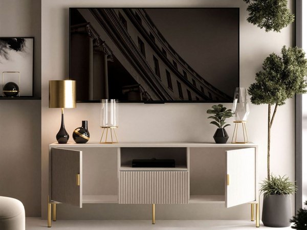 TV-Lowboard zweitürig mit Schublade und goldenen Metallfüßen Orlean Kaschmir Matt