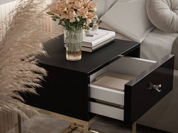 Nachttisch Glamour mit Schublade und goldenem Gestell Brisa Schwarz Hochglanz