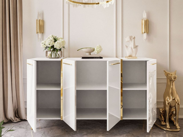 Viertürige Kommode 158 cm Glamour-Stil mit goldenen Griffen und Beinen Lunelie Weißglanz