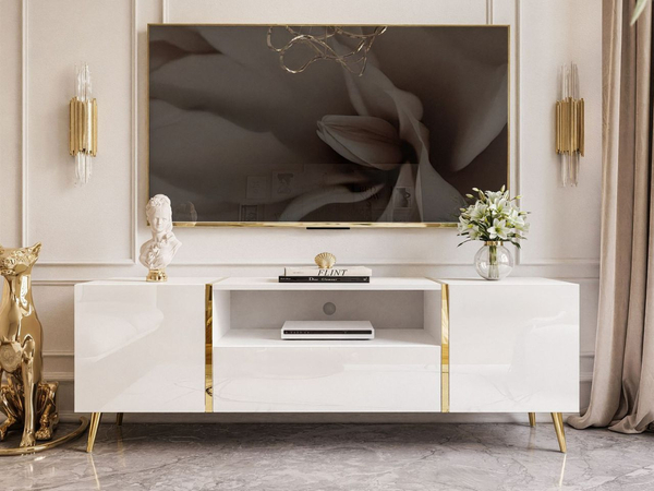 Wohnzimmer-Set mit goldenen Metallbeinen im Glamour-Stil Lunelie Weiß Hochglanz