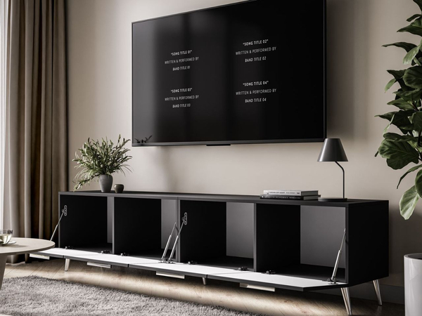 TV-Lowboard mit Türen und LED-Beleuchtung auf Silbernen Metallbeinen 200 cm Noaé Schwarz Hochglanz