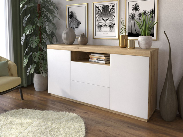 Wohnzimmer-Set – TV-Schrank und Kommode Asumi Weiß und Eiche Wotan