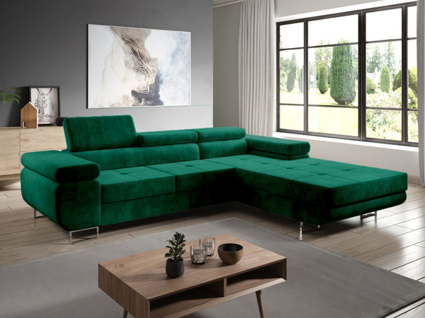 Ecksofa L-Form Rechts mit Schlaffunktion und Bettkasten Solam Grün