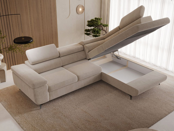 Ecksofa L-Form mit Schlaffunktion und Bettkasten Argon Rechts Beige
