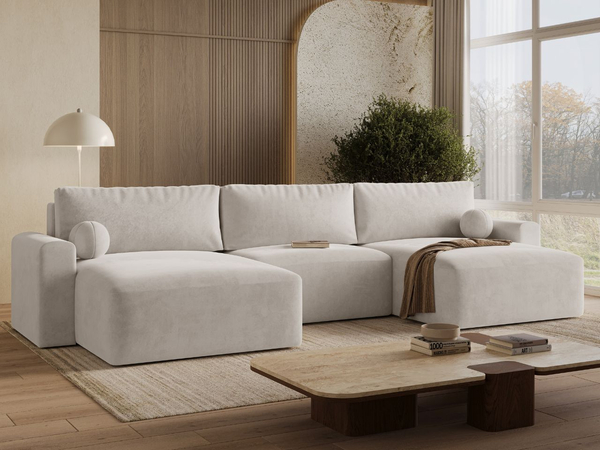 Wohnlandschaft mit Schlaffunktion und Bettkasten Aurora Hellbeige
