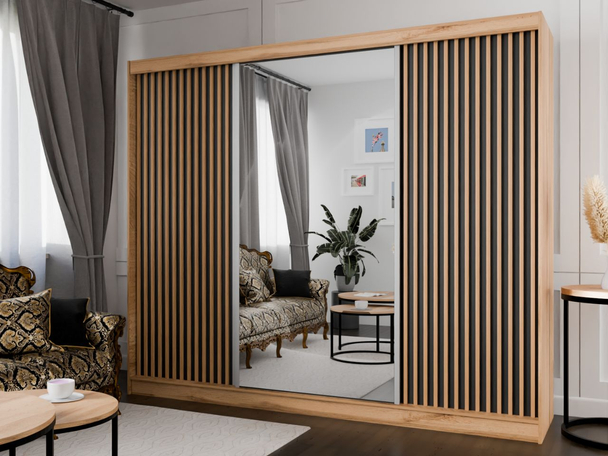Schiebetürenschrank mit Spiegel und Lamellen 250 cm Loreto Handwerk Goldene Eiche, Schwarz