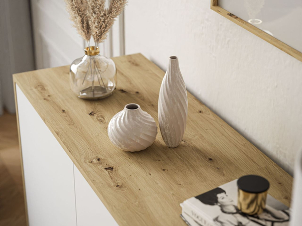 Dreitürige Hängekommode 154 cm im Loft-Stil – Vivance, Weiß matt & Eiche Artisan