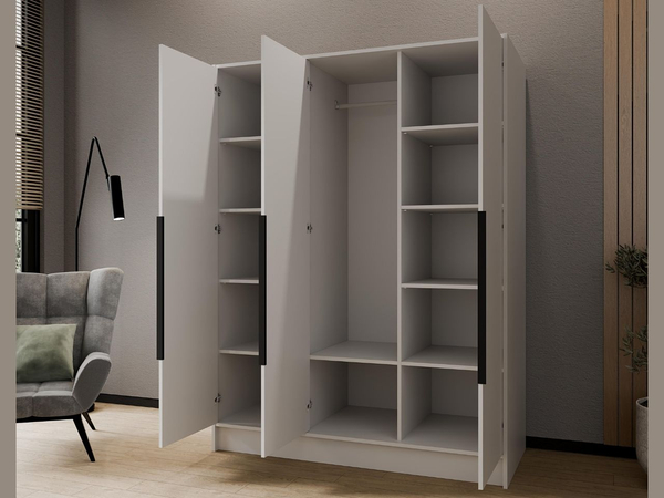 Kleiderschrank 150 cm Perugia Weiß mit schwarzen Griffen