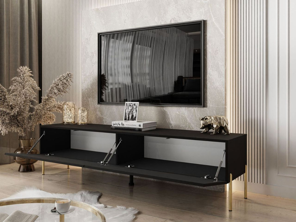 TV-Lowboard mit zwei Türen auf golden Beinen 175 cm mit LED-Beleuchtung Sorelle Schwarz Matt