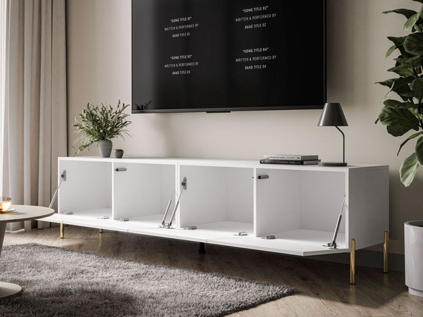 TV-Lowboard mit Türen auf Goldenen Metallbeinen 200 cm Nodoo Weiß Hochglanz